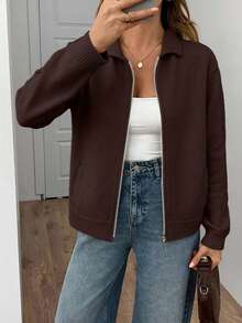 SHEIN Women Polo Neck Zipped Pocket Cardigan - Brown - View 5