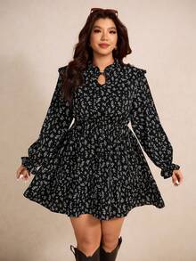 Elaquor Plus Size Ruffle Hem A-Line Dress, Ditsy Floral Casual Elegant Everyday Long Sleeve Suitable For Spring Layering Black Flower - Black - View 4