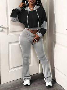 BamGleam Bộ 2 món áo hoodie dài tay có dây rút màu tương phản và quần ống loe thường ngày cho nữ - màu đen - Xem 4