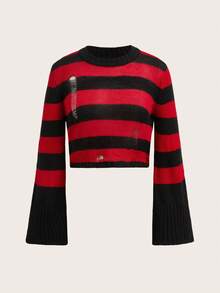 SHEIN EZwear Striped Vintage Style Bell Sleeve Sweater In Fall/Winter - Multicolor - View 1