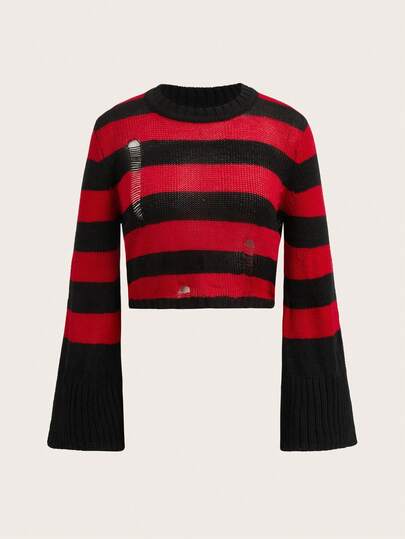 SHEIN EZwear 秋冬条纹复古风喇叭袖毛衣