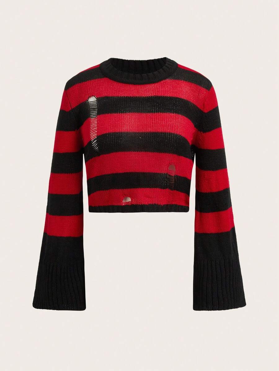 SHEIN EZwear Striped Vintage Style Bell Sleeve Sweater In Fall/Winter - Multicolor - View 1