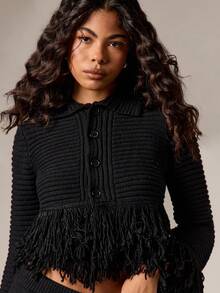 AiiRZ Chunky Knit Fringe Co-Ord Set Crop Sweater Mini Skirt Autumn Winter Lounge Outfit - Black - View 5