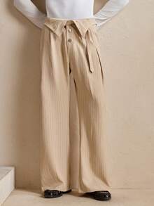 AKNOTIC Men Embroidered Foldable Waistband Button Pocket Casual Striped Pants, Streetwear - Coffee Brown - View 5