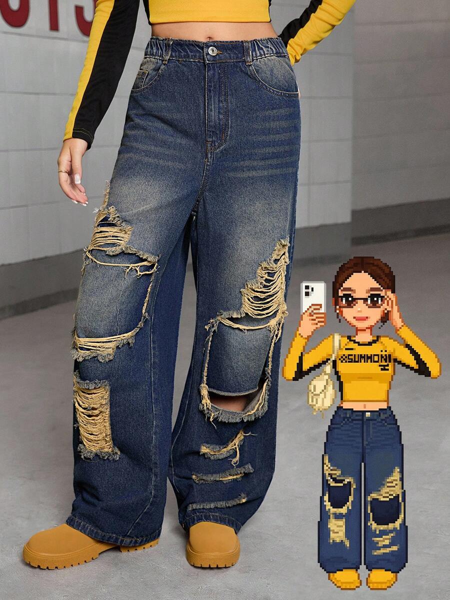 SHEIN Sparklyn Teen Girl Distressed Wide Leg Jeans Fall Winter - Bronze - View 1