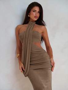 Aloruh Women's Spring/Summer Vacation Wrap Asymmetric Flowy Maxi Mermaid Bodycon Dress,For Vacation,Party,Dating - Khaki - View 7