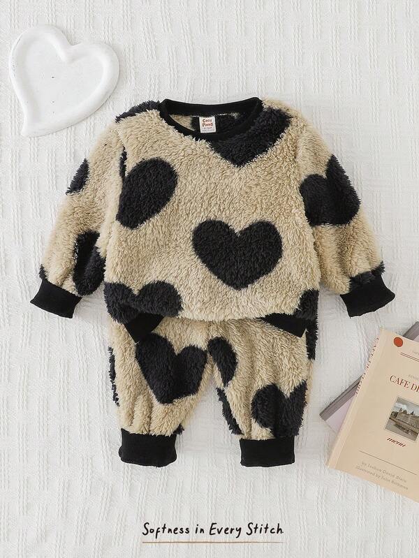 Cozy Pixies Baby Girl Heart Pattern Crew Neck Long Sleeve Fleece Top And Pants Pajama Set Baby Girl Heart Outfit Baby Girl Warm Sets Cow Print Baby Clothes Toddler 2 Piece Winter Fur Clothing Baby Sweater Romper