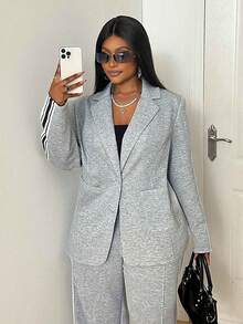 Maweii 秋季大码女式侧条纹长袖夹克和裤子休闲套装 - 灰色 - 查看 7