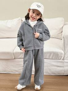 Genkimix Kids Young Girl Letter Print Zip-Up Hoodie And Sweatpants Casual Set, Autumn - Grey - View 4