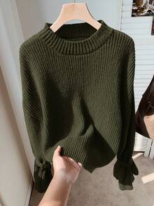 Comfortcana 棕色针织袖口系带宽松套头衫，秋冬 - 軍綠色 - 查看 5