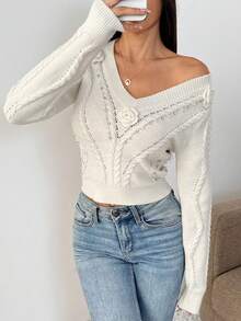 SHEIN Unity French Casual Crochet V-Neck Women's Long Sleeve Pullover Sweater, Autumn/Winter - White - View 1