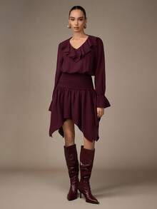 Modelyn Women's V-Neck Ruffle Flare Sleeve Asymmetrical Long Dress - Burgundy - View 3