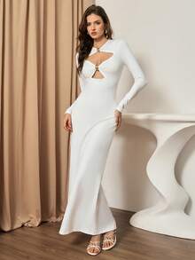 Lyxana Women's Knitted Elastic Fitted Round Neck Long Sleeve Hollow Metal Button White,Autumn,Elegant,Night Out Decor Waist Ankle-Length Straight Dress, - White - View 3