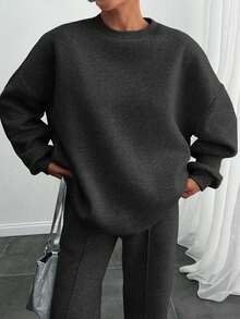 EURMUSE Bộ đồ oversize màu xám nhạt pha trộn dành cho nữ, thường ngày, mặc hàng ngày - Màu xám đen - Xem 8