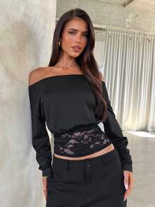 Aloruh Women's Off-Shoulder Long Sleeve Contrast Lace Fashion T-Shirt,Black Top,Sexy Top