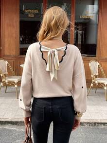 Serisse Women's Casual Colorblock Collar Heart Embroidery Sweater, Autumn/Winter New Year  ,Party,Christmas - Apricot - View 2