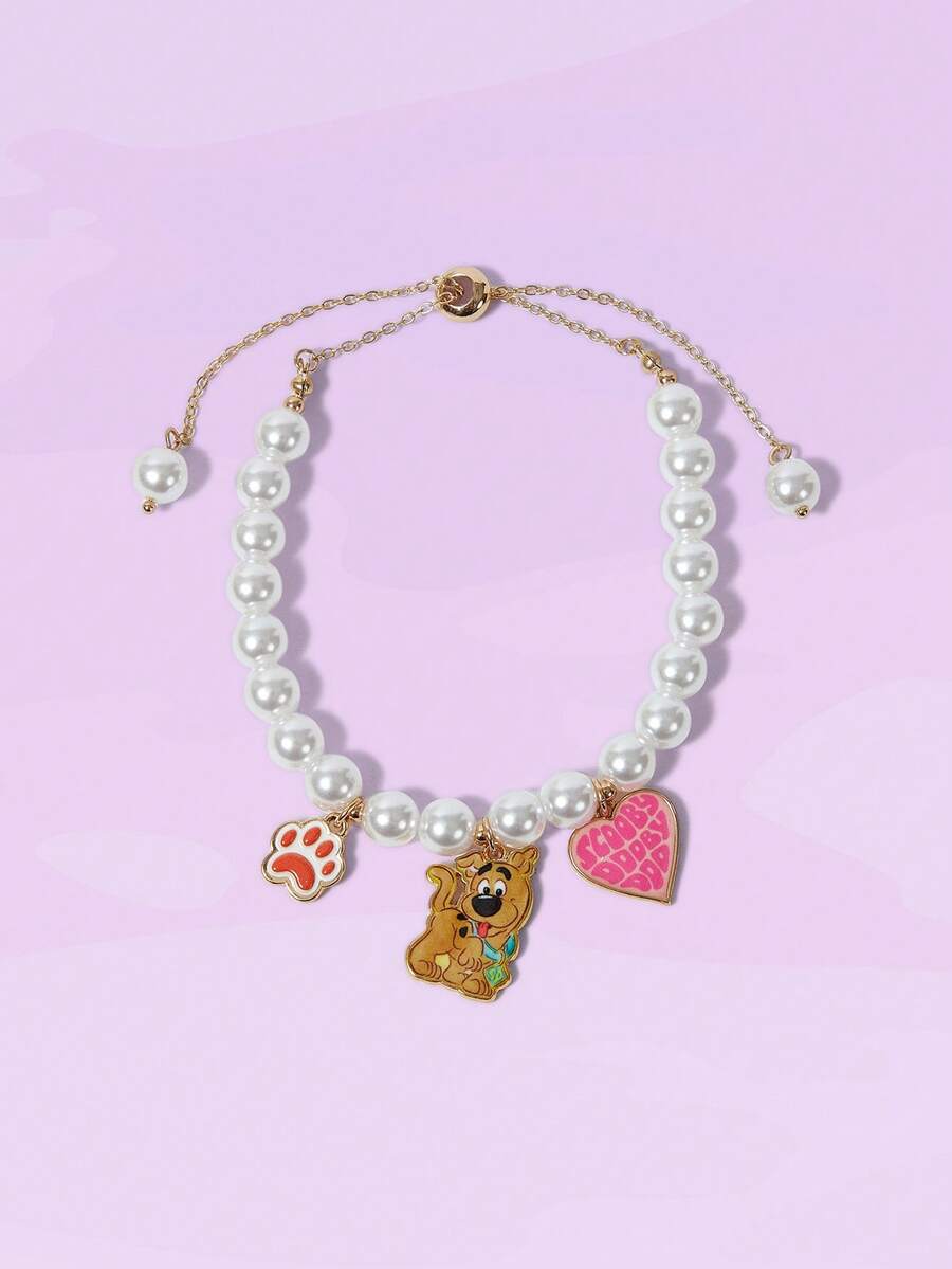 SCOOBY-DOO X SHEIN 1pc Fashionable Faux Pearl, Cartoon & Heart Pattern Cute Bracelet - Gold - View 1