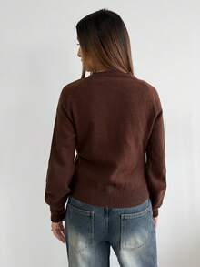 Aloruh Women's Elegant Round Neck Button-Up Long Sleeve Brown Cardigan Sweater,Winter New Knitted Jacket, Casual, Simple And Atmospheric Style, Ribbed Splicing Round Neck Button Design, Brown Solid Color Cardigan - Brown - View 2