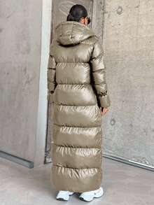 女士独特设计抽绳袖加厚保暖羽绒长款羽绒大衣 - 駝色 - 查看 2