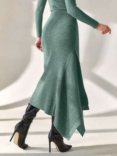 EURMUSE Smart Office Chic Asymmetrical Cut Midi Length Knitted Skirt