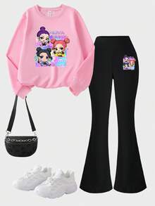 SHEIN Explorewe Tween Girl K-Pop 可爱卡通人物设计，粉色图案印花运动衫和紧身裤套装，适合日常、户外、运动和学校穿着，秋冬两件套 - 彩色 - 查看 3