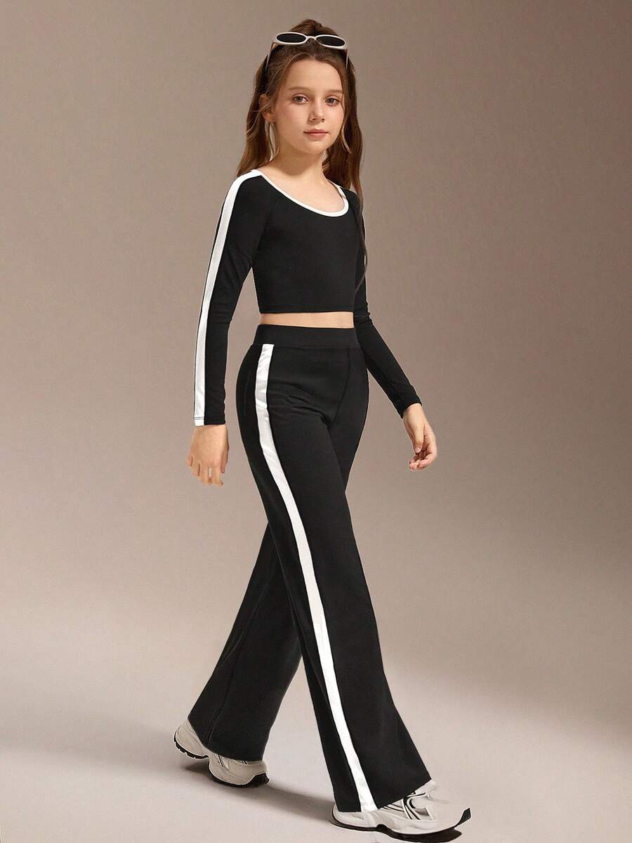 青少年女孩两件套服装，长袖 T 恤和裤子套装，休闲时尚舒适的长袖上衣和裤子 - 黑色 - 查看 1
