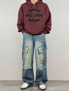 DAZY Men's Hoodie With Letter Print Design, Burgundy & Berry Color, Thermal Lined, Autumn/Winter - Burgundy - View 1