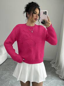 Elenzga 女式圆领花卉图案纯色套头毛衣 - 玫紅色 - 查看 3