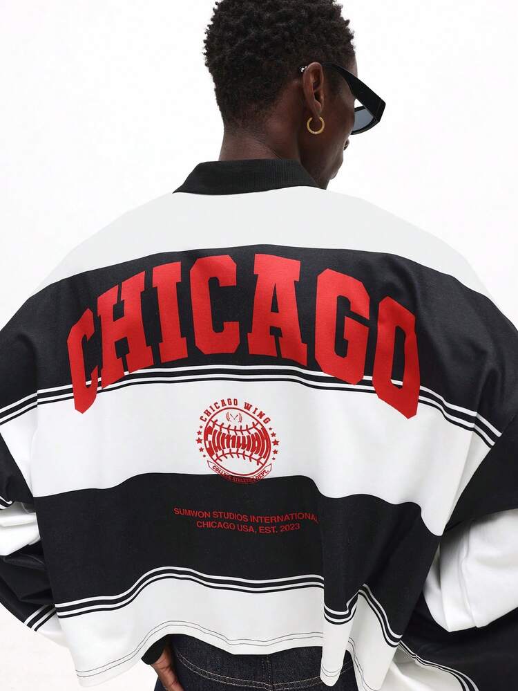 Chicago Graphic Striped Long Sleeve Rugby Polo