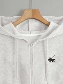 SHEIN 女士加大码印花刺绣卫衣外套，适合秋冬季、返校季、日常及运动穿着，高可见度设计 - 淺灰色 - 查看 5