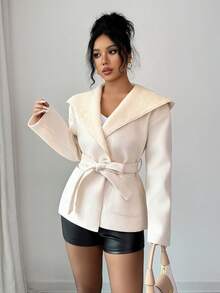 SHEIN Elenzya 女士连帽优雅休闲街头通勤商务浪漫约会派对圣诞外套，杏色，秋冬 - 杏色 - 查看 5