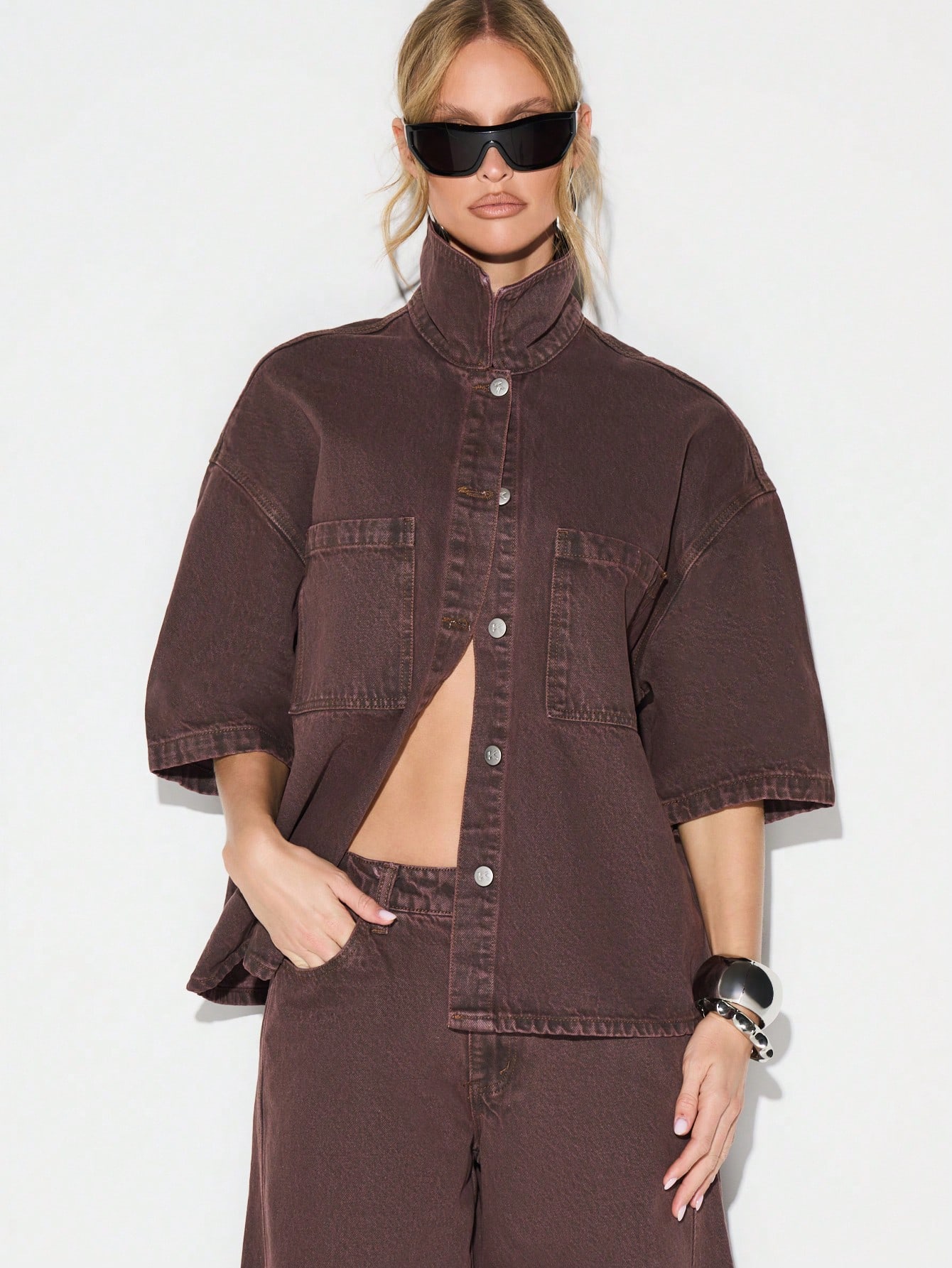 KIZN Camicia oversize in denim marrone con bottoni