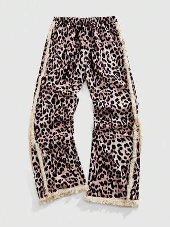 Street Life Casual Fringe Hem Leopard Print Layered Men Pants