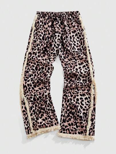 Street Life Pantaloni casual da uomo con stampa leopardata e orlo con frange