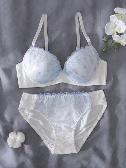 Dream Adore 2pcs Set Fresh & Cute Daily Wear 3/4 Cup Underwired Floral Embroidery Bow Decoration Lingerie Bra And Panties Set, Blue & White, Suitable For Back To School, Vacation, Music Festival