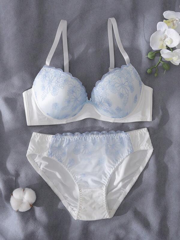DelicateAllure 2pcs Set Fresh & Cute Daily Wear 3/4 Cup Underwired Floral Embroidery Bow Decoration Lingerie Bra And Panties Set, Blue & White, Suitable For Back To School, Vacation, Music Festival