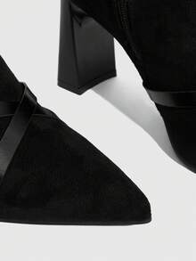 CUCCOO SZL Women's Fashionable Elegant Black Suede Chunky Heel Strap Ankle Boots, Versatile Street Style - Black - View 6