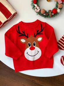 SHEIN 1pc Baby Boys/Girls Casual Loose Fit Crew Neck Long Sleeve Sweater, Suitable For Outings, School, Garden, Beach, Birthday, Baby Shower Party, Autumn/Winter - Red - View 3