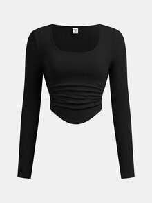 SHEIN 少女三件套褶皱休闲方领长袖T恤套装，秋季休闲上衣，假日装，新年装 - 彩色 - 查看 8
