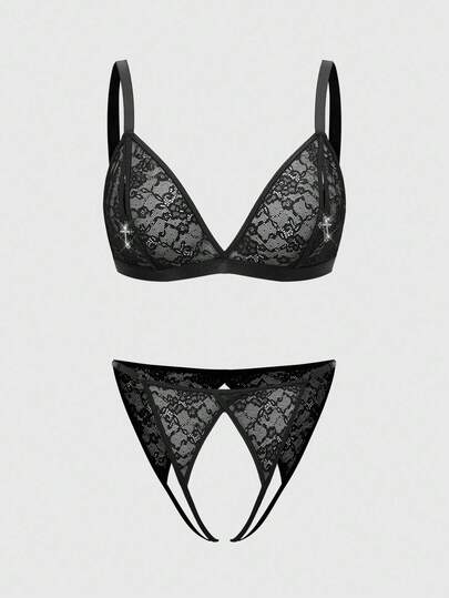 ROMWE Gothic Cross Lace Hollow Sheer Plus Size Sexy Lingerie Set