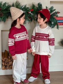 Genkimix Kids 2pcs/Set Young Girls Korean Style Casual Outfit, Graphic Print & Knit Patchwork Long Sleeve T-Shirt Top + Loose Straight Pants, Spring/Autumn - Burgundy - View 6