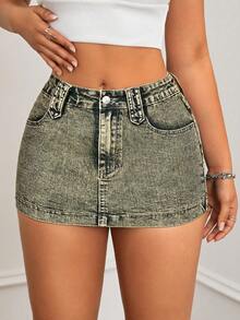 SHEIN Unity Váy denim mini giặt tay gợi cảm thời trang - Rửa trung bình - Xem 5