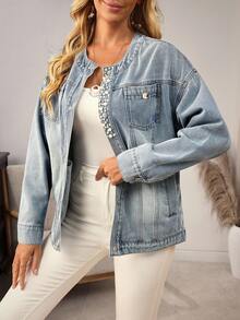 EMERY ROSE 女式秋季仿珍珠装饰落肩长袖休闲牛仔夹克 - 藍色 - 查看 1
