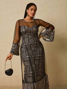 Travachic 大码女式非洲几何图案吊带针织连衣裙配网眼披肩 2 件套 - 黑與白 - 查看 6