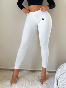 SHEIN SXY 百搭商务休闲白色刺绣打底裤，白色打底裤，宠物裤，瑜伽裤，白色运动裤，健身裤，白色下装，感恩节 - 白色 - 查看 5
