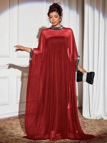 Cravure 大码女式奢华派对哥特式预科风格两件套：黑色网眼泡泡珍珠装饰短款上衣和修身长裙 - 酒紅色 - 查看 1