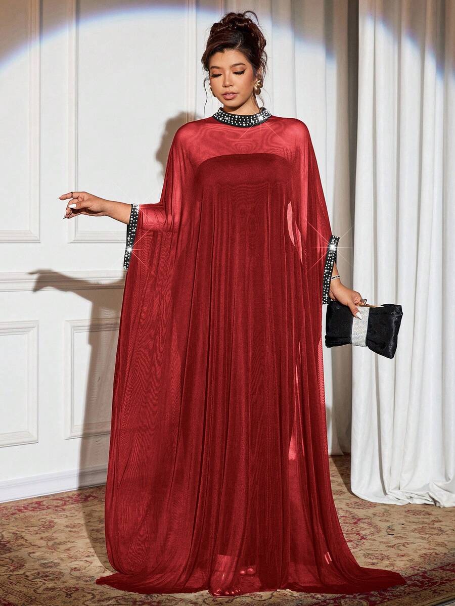 Cravure 大码女式奢华派对哥特式预科风格两件套：黑色网眼泡泡珍珠装饰短款上衣和修身长裙 - 酒紅色 - 查看 1