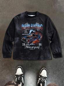 SHEIN Tricou tricotat cu mânecă lungă, lejer, pentru băieți, casual și versatil, confortabil, cu imprimeu de curse, cu guler rotund, potrivit pentru naveta la școală, călătorii zilnice în vacanță, potrivit pentru sport, potrivit pentru festivaluri de primăvară, vară, toamnă și iarnă