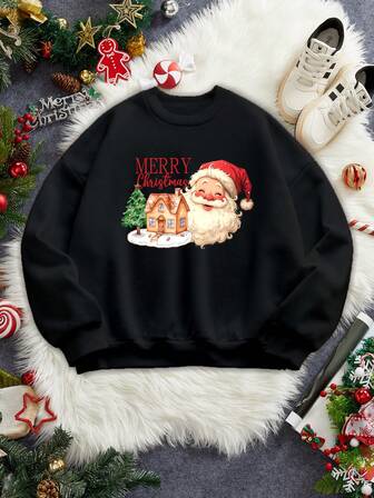 Manfinity RelaxMax Loose Fit Christmas Santa Claus Cozy Cabin Holiday Slogan Black Fleece Knit Pullover Sweatshirt