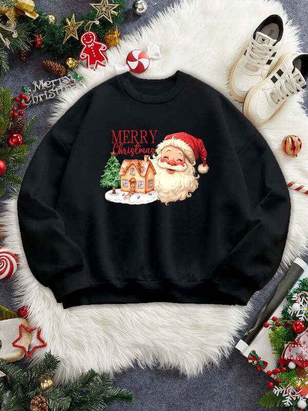 Manfinity RelaxMax Men Loose Fit Christmas Santa Claus Cozy Cabin Holiday Slogan Black Fleece Knit Pullover Sweatshirt, Fall/Winter